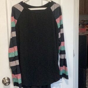 Black Long Sleeve Top with Striped Sleeves